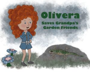 Watercolour effect for autumnal colours. Olivera has big bushy red hair and is talking to a lizard on a rock.