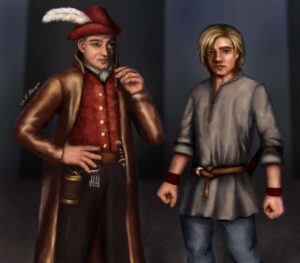 Private investigator Scond has a magnifying glass and a red vest and cap, a utility belt, and brown jacket. Flotsan wears a plain grey belted tunic. They stand inside a black and grey/blue circus tent.