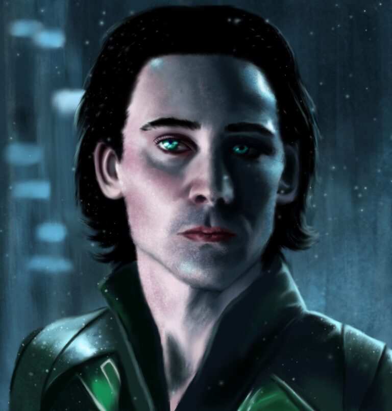 Digital painting of Loki from the MCU: bright green eyes, snow or ash falling on him