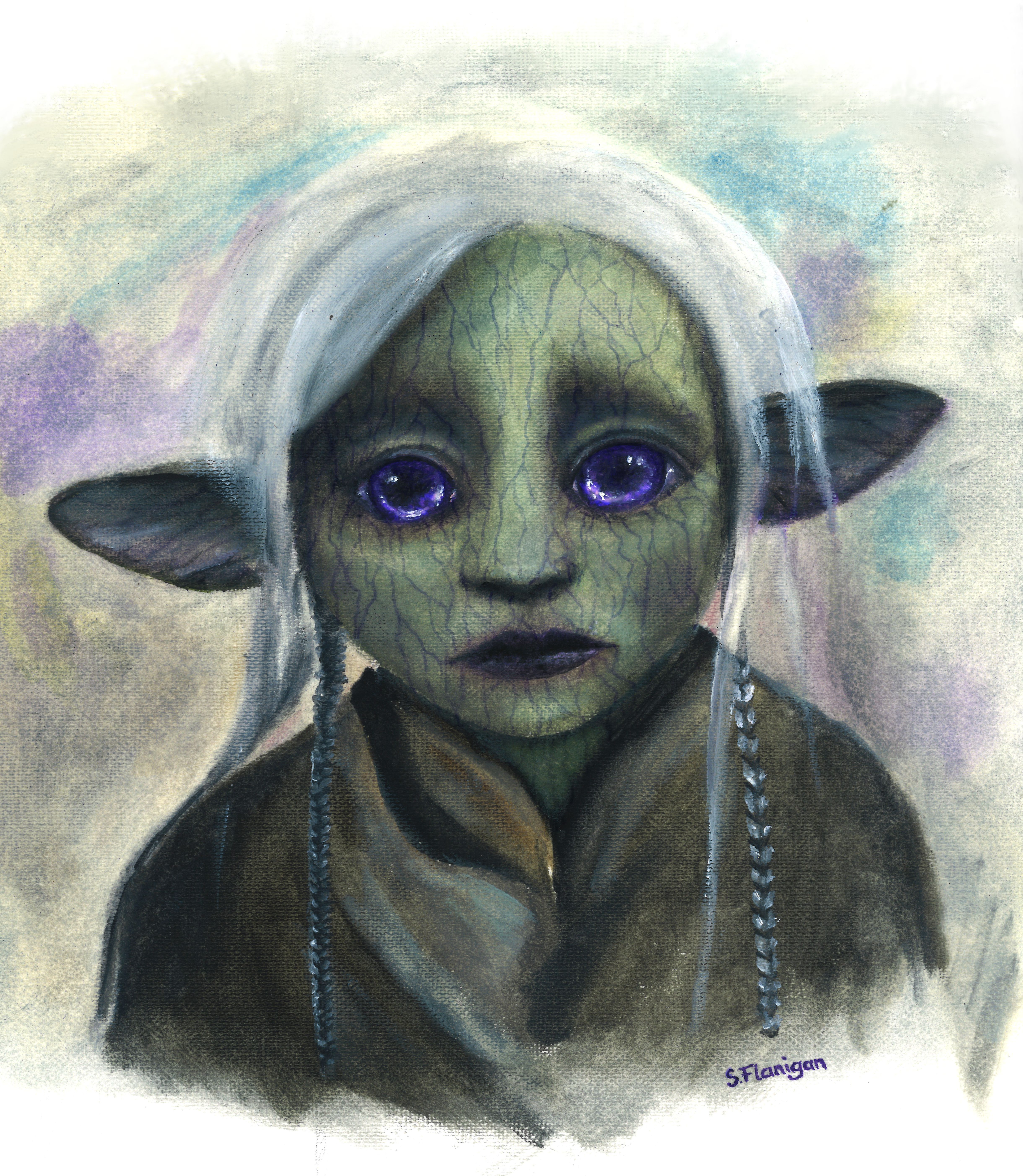 Painting of a gelfling doll (round green face, bright purple eyes, silver hair), in calm despair