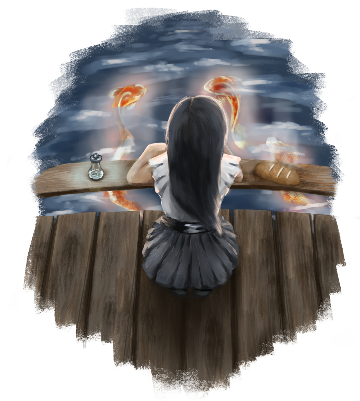 Girl sitting on bridge, watching glowing koi in the water. Also featuring special bread and a potion.