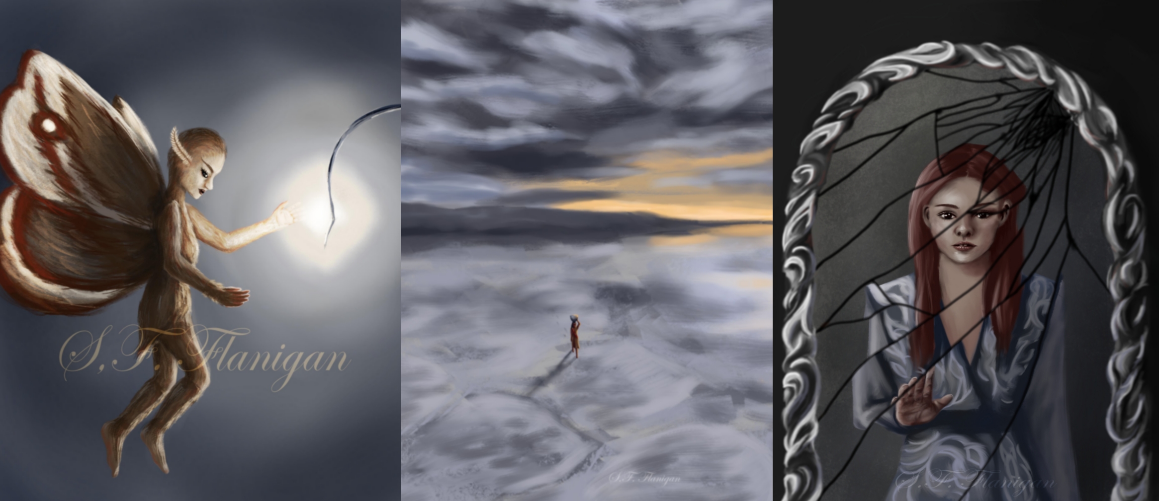 Art banner. Fantasy artwork (Moth fairy, salt flats, broken mirror)